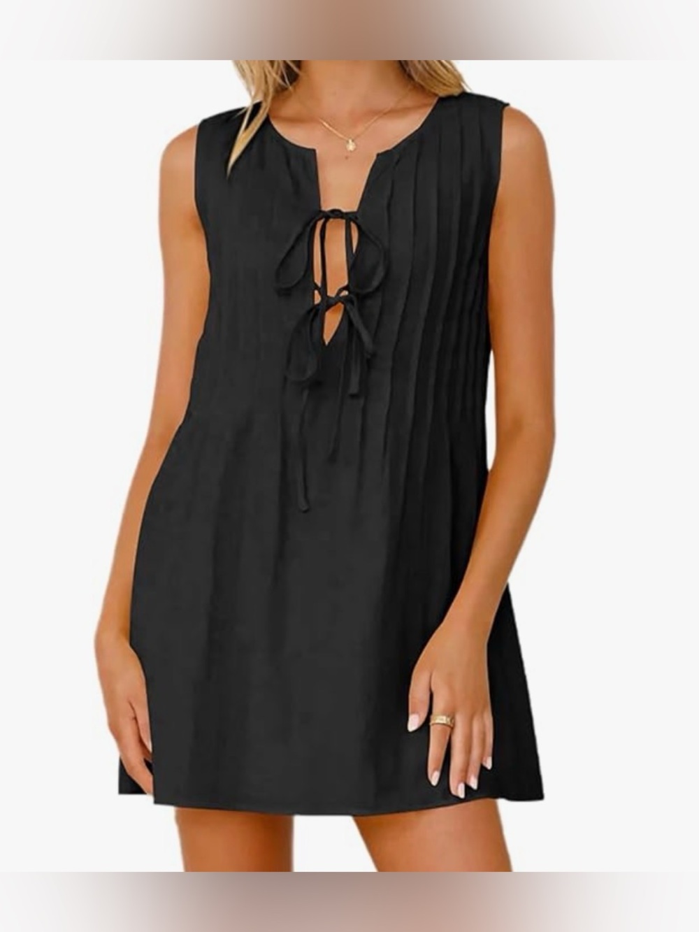 Summer Sleeveless Tank Dress Ties Front Folded V Neck Loose Style
